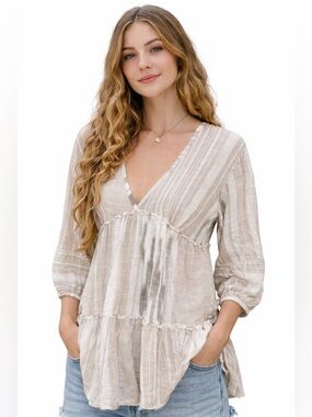 Blue Island Boho Peasant Blouse Khaki Open Back Tassel Tie Tiered Cotton Top